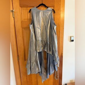 Metallic Guilded Denim Silver Ruffled High-Low Tunic Top